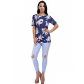 Kaamastra Blue Half Sleeve Floral Print Top for Women